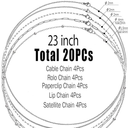 20Pcs (5 Styles) Stainless Steel Chains for Jewelry Making (Silver 23in) | Bulk Silver & Gold Plated Chains, Satellite, Paper Clip, Lip, Rolo, Cable, Jewelry Making - color: Silver (23 inch)