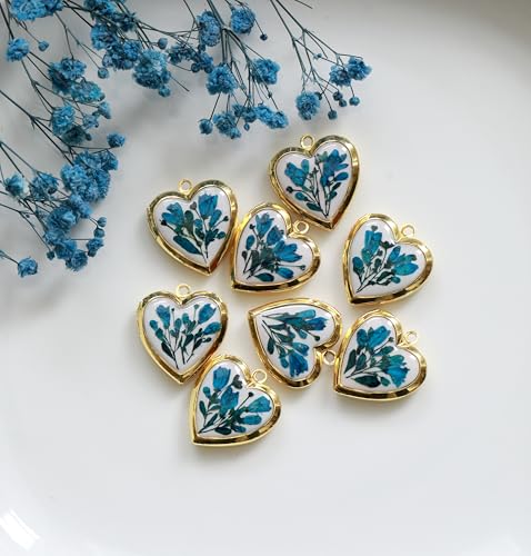 Handmade Dried Pressed Flower Heart Shaped Photo Locket Pendant Necklace - color: Gold, style: Blue Flower on White