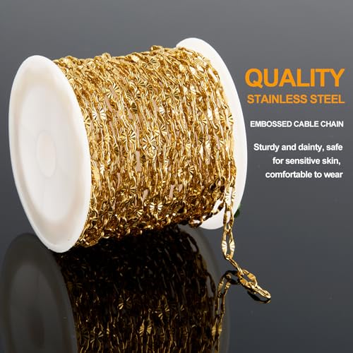 KYUNHOO 5 Meters Gold Plated Chains for Jewelry Making Sunflower Chain Link | Texture Stainless Steel Gold Jewelry Chain 8MM Long Lip Chain for Jewelry Craft DIY with Jump Rings Lobster Clasps - color: Cross Oval Gold