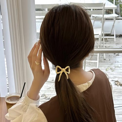Bow Hair Ties for Women Gold Silver Metal Hair Tie for Girls Elegant Elastics Rubber Hair Scrunchies for Long Thick Bowknot Ponytail Holder Christmas Gifts Bow Hair Accessories 2Pcs