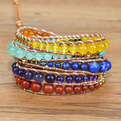 Boho Wrap Bead Bracelet for Women - Handmade Adjustable Natural Stone Beaded Bracelets Yoga Healing Bracelet Bangle Hippie Jewelry - color: Chakras