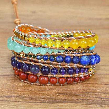 Boho Wrap Bead Bracelet for Women - Handmade Adjustable Natural Stone Beaded Bracelets Yoga Healing Bracelet Bangle Hippie Jewelry - color: Chakras
