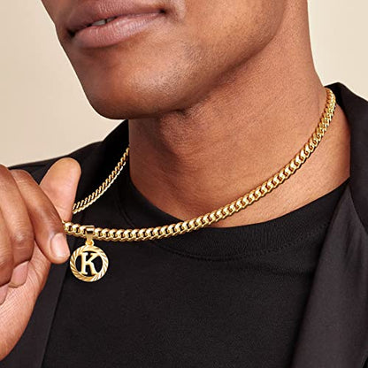 KissYan Initial Pendant Necklaces for Women Men | 14K Gold Filled/White Gold Plated, Hollow Round Letter Capital Monogram Charm with 5mm Cuban Chain, Alphabets from A-Z - color: Gold, style: J