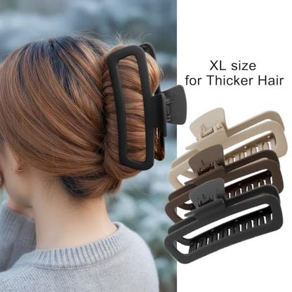 3 Pack Hair Claw Clips 5.1 Inch Large Square Rectangle Jaw Clips Plastic Hollow Strong Hold XL Claw Clip for Thick Curly Long Hair Women(Brown, Khaki, Black) - color: Brown& Khaki& Black