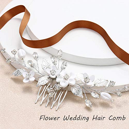 Bride Silver Wedding Hair Comb Flower Bridal Side Comb Sparkly Crystal Hair Piece Leaf Hair Accessorie for Women