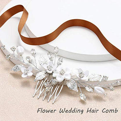 Bride Silver Wedding Hair Comb Flower Bridal Side Comb Sparkly Crystal Hair Piece Leaf Hair Accessorie for Women