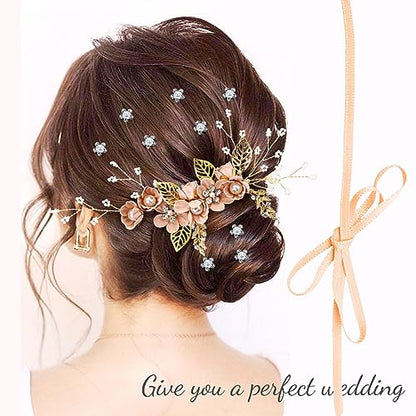 Cinaci 18 Pieces Bridal Wedding Party Prom Pearl Rhinestone Pink Flower Hair Side Combs Slides+U-shaped Flower Hair Pins+Twist Spiral Hairpins Floral Headpieces for Brides Bridesmaids Women Girls - color: Pink