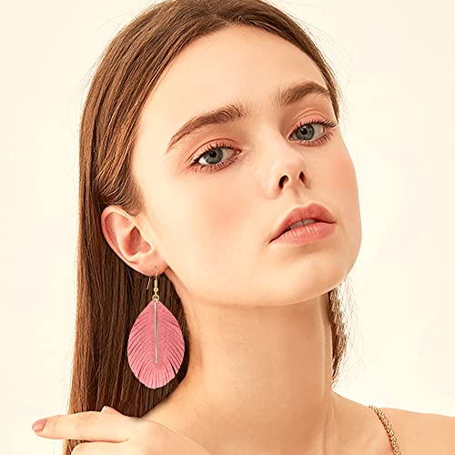 YUNXI Large Genuine Soft Leather Handmade Fringe Feather Lightweight Leaf with Simple Drop Metal Bar Tear Drop Dangle Color Earrings for Women - color: Watermelon Red