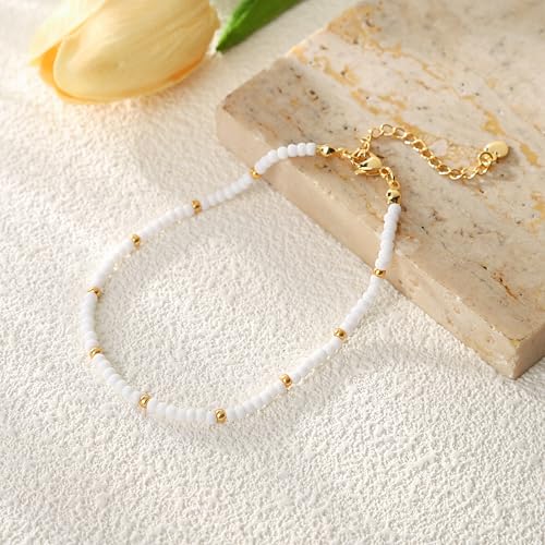 Starain Small Bead Anklets for Women Beach Foot Ankle Bracelet Cute Colorful Boho Beaded Anklets 8 inches - color: White