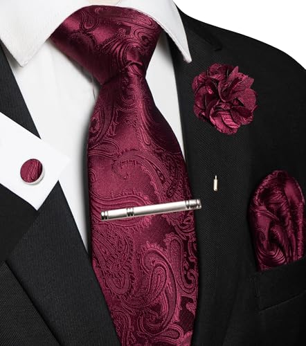 JEMYGINS Mens Paisley Tie and Pocket Square,Lapel Pin,Cufflinks,Tie Clip Sets with Gift Box 5PCS - color: Burgundy