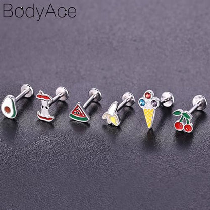 16G/18G Stud Piercings Jewelry Food Fruit Lip Studs Labret Ring Surgical Steel Flat Back Earrings for Nose Conch Lip Medusa Tragus Piercing Internal Thread - color: A, size: 1.2mm=16G;Bar Length:8mm