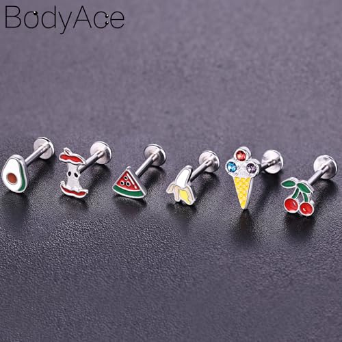 16G/18G Stud Piercings Jewelry Food Fruit Lip Studs Labret Ring Surgical Steel Flat Back Earrings for Nose Conch Lip Medusa Tragus Piercing Internal Thread - color: A, size: 1.0mm=18G;Bar Length:6mm