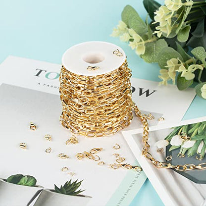 32.8 Feet Aluminum Link Chain Light Gold Flat Oval Chains for Jewelry Making Unwelded Paperclip Chain Spool Necklace Chains Bulk with Lobster Clasps and Jump Rings - color: 5.5×11mm-Gold