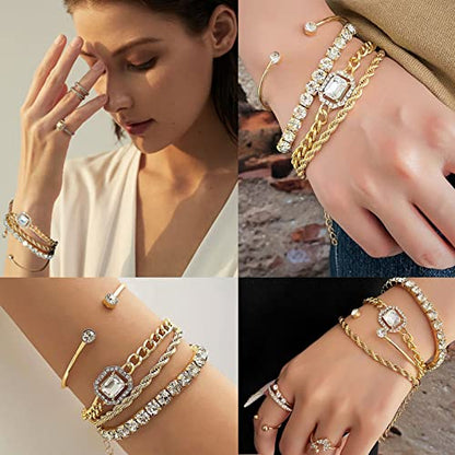 4 Pcs Dainty Gold Silver Bracelets Set for Women 14K Plated Link Cubic Zirconia Paperclip Stake Layering Chain Adjustable Trendy Hand Jewelry - color: Golden