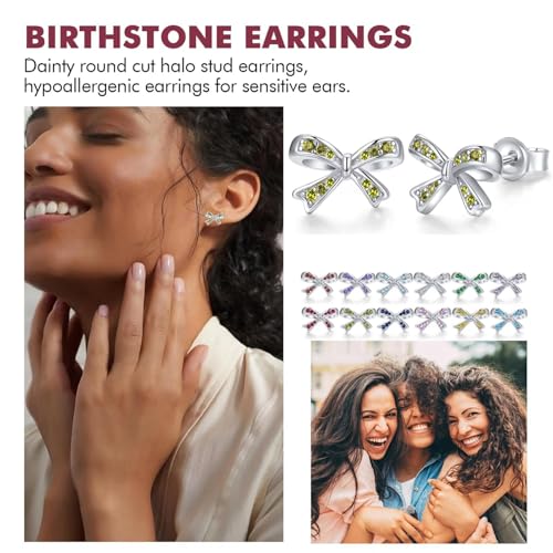 925 Sterling Silver Birthstone Bow Stud Earrings for Girls Women Bow Jewelry Birthday Gifts for Teens Kids Girls Bowknot Stud Earrings - color: 08.August