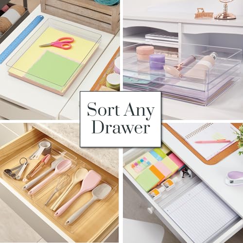 STORi SimpleSort 2-Piece Stackable Clear Drawer Organizer Set | 15" x 6" x 2" Rectangle Trays | Wide Makeup Vanity Storage Bins and Office Desk Drawer Dividers | Made in USA - size: 15x6x2"