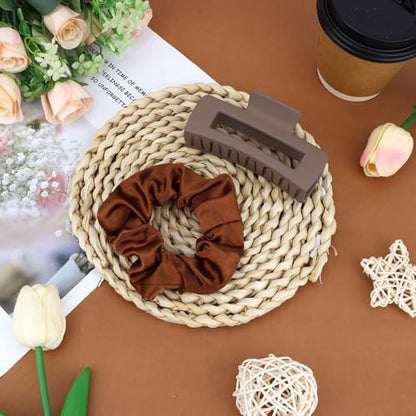 YISSION Claw Clip and Satin Scrunchie Set, 2 Pack Brown Hair Accessories, No Damage Hair Ties Non Slip Large Hair Clips for Women Girls Thick Thin Hair Daily Wear Party Wedding - color: Brown