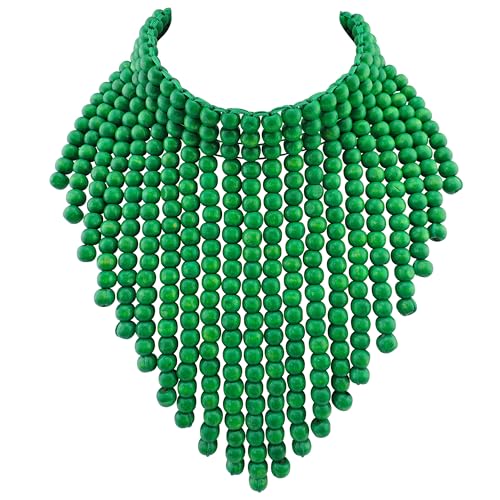 Coiris Boho African Wooden or Acrylic Beaded Bib Statement Necklace Strands Layered Cluster Chunky Collar Choker Wood Necklace for Women Fashion Costume Jewelry - color: Green