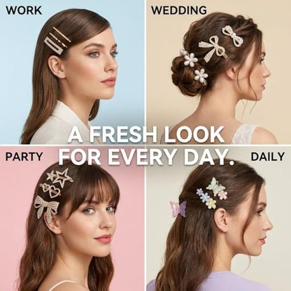 50Pcs Hair Clips for Women & Girls - No Duplicates Assorted Hair Accessories Set in Clear Display Box | Faux Pearl, Resin, Rhinestone & Gold-Tone Barrettes, Snap & Bobby Pins