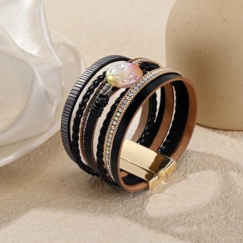 Wrapped Bracelets for Women,Leather Boho Bracelets for Women - color: Shell-Black