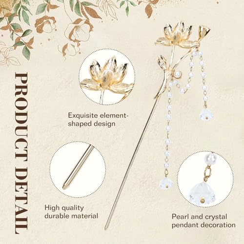 Lawie 10 Pack Retro Gold Metal Long Hair Sticks Pins with Pearl Jade Dangles Tassels Pendants Chinese Hanfu Asian Flower Butterfly Hair Chopsticks Hair Picks Bun Forks Holders Hairpins for Women Girls