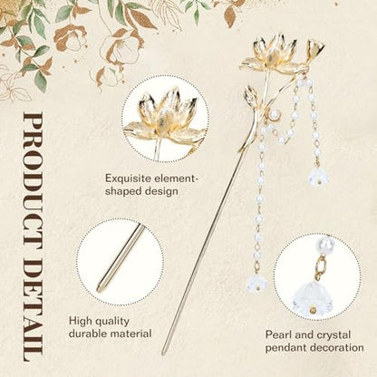 Lawie 10 Pack Retro Gold Metal Long Hair Sticks Pins with Pearl Jade Dangles Tassels Pendants Chinese Hanfu Asian Flower Butterfly Hair Chopsticks Hair Picks Bun Forks Holders Hairpins for Women Girls