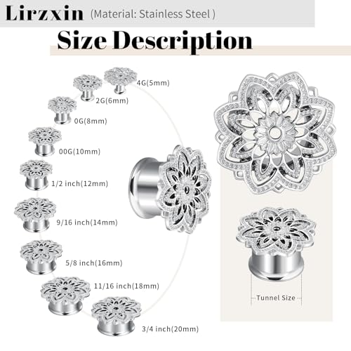 Tunnels Gauges, 2PCS Stainless Steel Tunnel Set Hollow Flower Single Flared Ear Gauges Flesh Tunnel Plugs 4G - 3/4 inch Ear Piercing Jewelry - size: 0G(8mm)