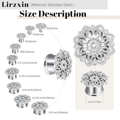 Tunnels Gauges, 2PCS Stainless Steel Tunnel Set Hollow Flower Single Flared Ear Gauges Flesh Tunnel Plugs 4G - 3/4 inch Ear Piercing Jewelry - size: 1/2 inch(12mm)