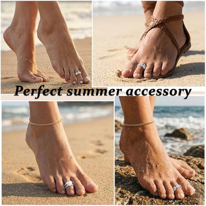 JFORYOU Toe Rings for Women Adjustable Open Toe Rings with Anklet Set CZ Flower Toes Ring for Summer Beach Foot Jewelry - color: 3pcs-silver toe rings Style A