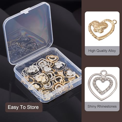 Elecrelive Crystal Heart Charms Rhinestone Heart Pendants Valentine Charms for Necklace Bracelet Earring Wedding Jewelry - color: Gold Silver, 24pcs
