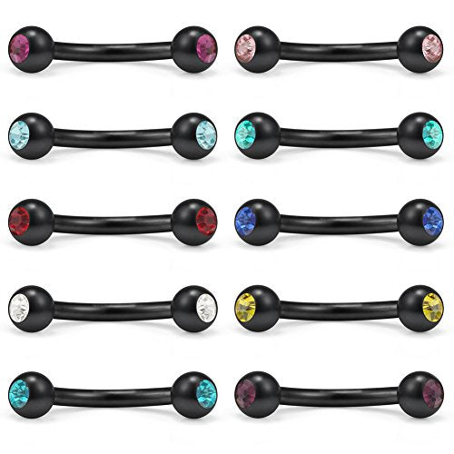 10PCS Mix Color Double Jeweled Diamond Curved Barbell Eyebrow Tragus Lip Ring 16g 8mm - color: Black