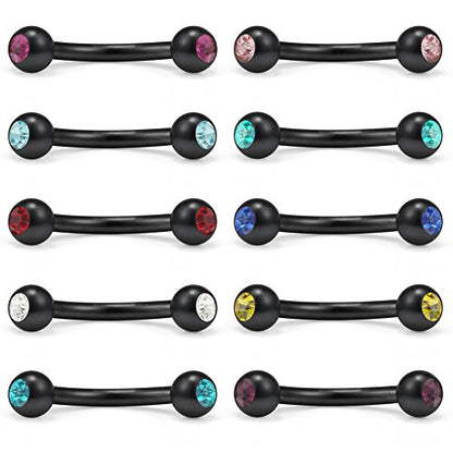 10PCS Mix Color Double Jeweled Diamond Curved Barbell Eyebrow Tragus Lip Ring 16g 8mm - color: Black