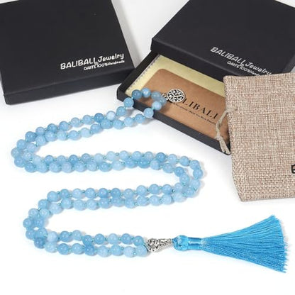 108 Mala Beads Necklace Semi-Precious Gem Stones Meditation Necklace 108 Hand Knotted Japa Mala Beaded Tassel Necklace with Tree of Life Pendant - color: Aquamarine