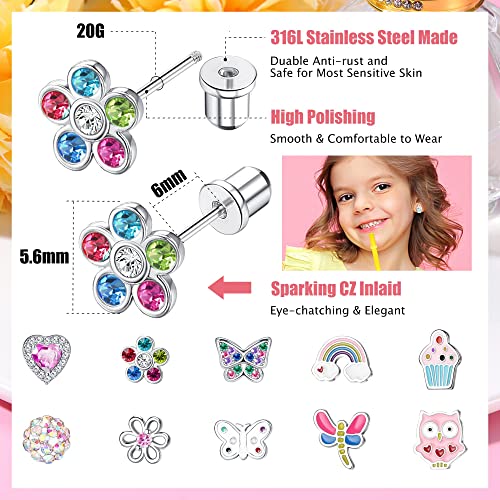 10Pairs Hypoallergenic Screw Back Earrings for Women Girls Stainless Steel | CZ Heart Butterfly Ball Stud Earrings Multicolored Cat Rainbow Screwback Stud Earrings Set Over 3 Years Old - style: flower earrings