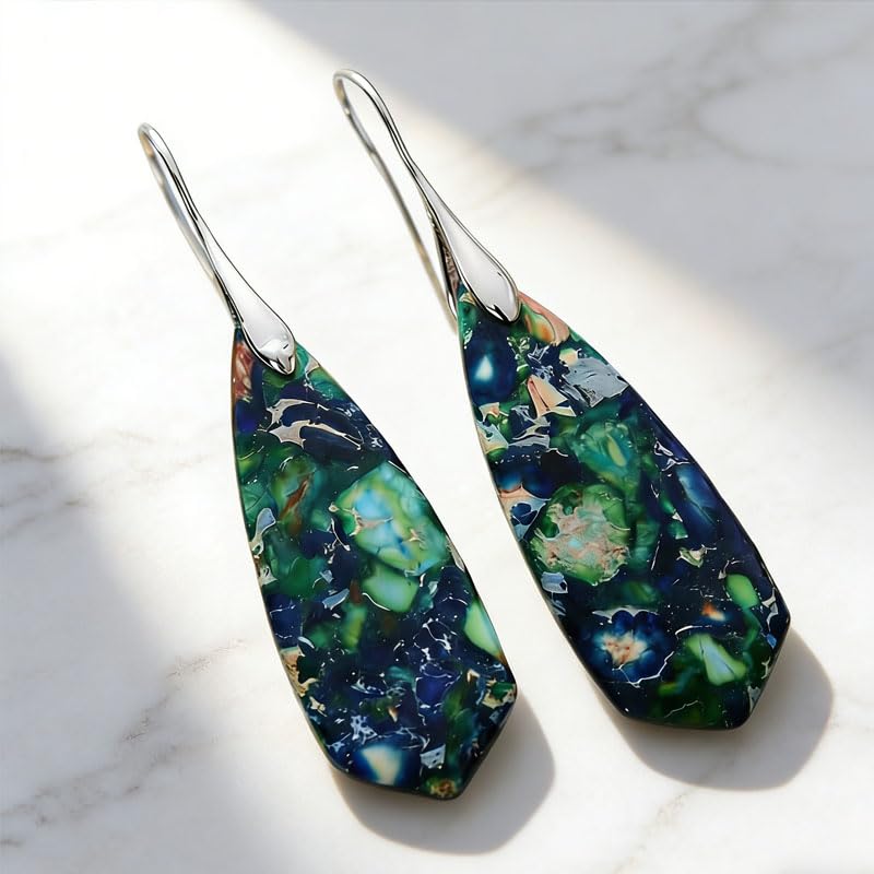 Boho Natural Imperial Jasper Teardrop Dangle Earrings for Women – Hypoallergenic French Hook Stone Drop Earrings Jewelry - color: Green Silvery Hook 2#