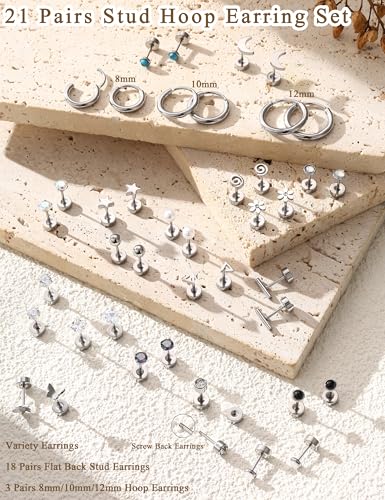 LOLIAS 21 Paris Stainless Surgical Steel Flat Back Earrings Hypoallergenic | 20G Cartilage Earring Stacks,Screw Back Nap Flatback Stud Earrings for Sensitive Ears Women,Earring Set,Pack Piercing Jewelry - color: Silver
