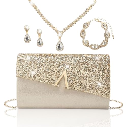 YYW 4 Pieces Women Evening Handbags Clutch Purse Bag with Rhinestone Crystal Jewelry Set for Wedding Party - color: gold 2