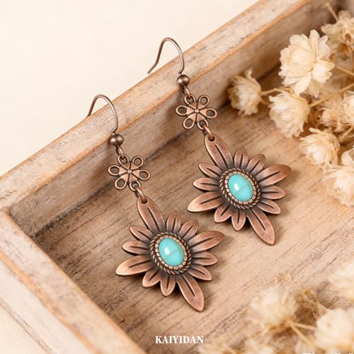 Boho Turquoise Dangle Earrings For Women Trendy,Western Blue Gemstone Drop Earings,Vintage Gothic Ethnic Statement Beach Vacation Long Birthstone Earrings with Leaf Teardrop Turquoise Crystal Tassels,Fashion Jewelry Birthday Gift. - style: A7 Mums Bronze
