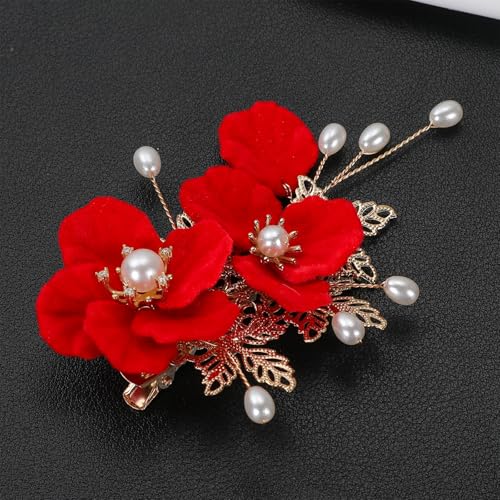 Bridal Flower Hair Clips, Crystal Hair Pins Pearl Rhinestone Hair Barrettes, Wedding Hair Pieces Pearl Headpieces Hair Accessories for Women Girls - color: Light Red