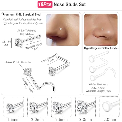 SEEDRILL 18Pcs Nose Rings Studs for Women Men 20G Clear Nose Studs piercing retainers Hypoallergenic 316L Surgical Steel Nose Piercings Jewelry Nose Ring L Shape Nose Stud 20 Gauge Nose Screw Studs - color: Silver