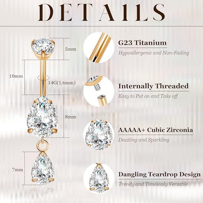 14G G23 Pure Titanium Dangle Belly Button Ring for Women Dangling CZ Navel Ring Teardrop Curved Barbell Belly Rings Internally Threaded Belly Piercing Jewelry - color: Rose Gold