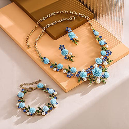 EVER FAITH Costume Jewelry Crystal Simulated Pearl Rose Flower Leaf Prom Party Statement Necklace Earrings Bracelet Set for Women - color: Blue Gold-Tone