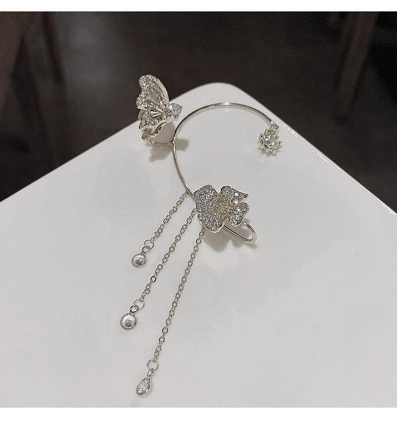 2 Pairs Dainty Silver Butterfly Ear Cuffs & Wraps for Women Non Piercing Bling Butterfly Tassel Style Zircon Earrings Ear Clips Bridal Wedding Jewelry - color: Silver