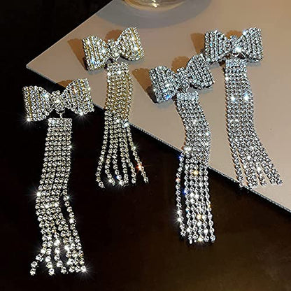 Long Fashion Bow Tassel Earrings Full Diamond Earrings Rhinestone Long Tassels Dangle Earrings for Women Girls - color: Gold