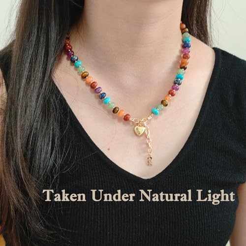 Boho Gemstone Beaded Necklace for Women – Colorful Natural Stone Choker 18K Solid Heart-Shaped Pendant, Summer Beach Jewelry - color: Seven Chakra Stones