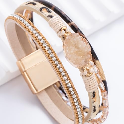 Boho Chunky Leather Wrap Bracelets Stackable Beaded Western Country Jewelry | Crystal Bead Trendy Layered Cuff Magnetic Clasp Stack Bohemian Statement Costume Outfits Cowgirl Fashion Hippie Accessories - color: Leopard, size: 7.7"