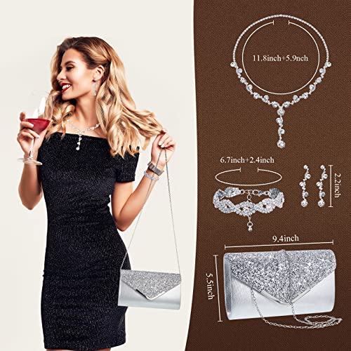 Henoyso 5 Pcs Purse Rhinestone Jewelry Set Prom Jewelry Rhinestone Clutch Purse Necklace Earrings Bracelets for Women Bride - color: Silver