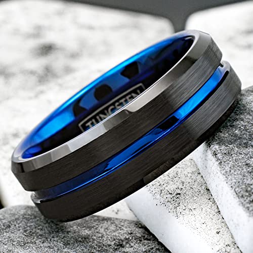 Stunning 6mm/8mm Brushed Satin Finish Black Tungsten Carbide Band Ring w/Brilliant Thin Blue Line Stripe & Matching Brilliant Blue Comfort Fit Inner Band.