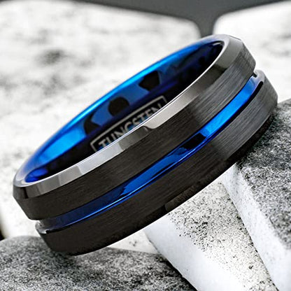 Stunning 6mm/8mm Brushed Satin Finish Black Tungsten Carbide Band Ring w/Brilliant Thin Blue Line Stripe & Matching Brilliant Blue Comfort Fit Inner Band.