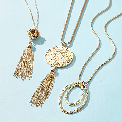 SEVENSTONE 3PCS Long Pendant Necklaces for Women Knot Disk Circle Tassel Statement Sweater Necklace Set - color: Gold